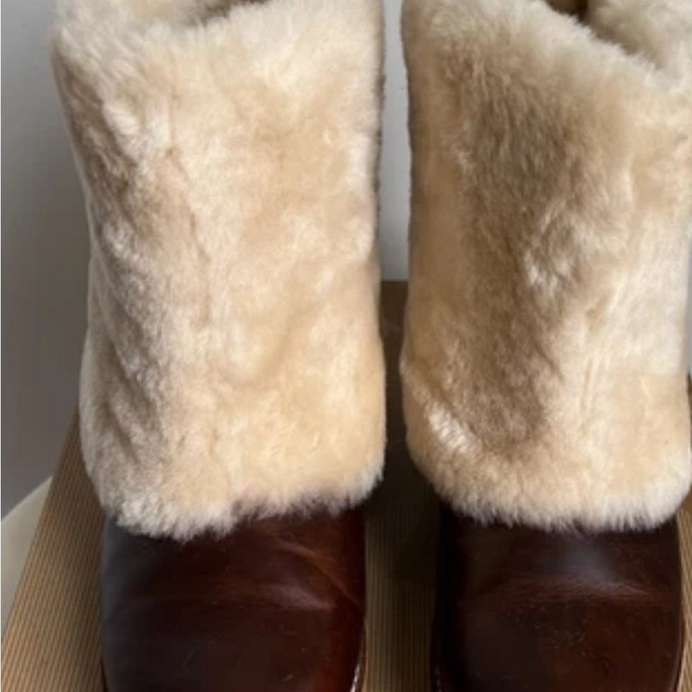 UGG PATTEN Shearling Cuff Chestnut Brown Leather Boots NEW very rare